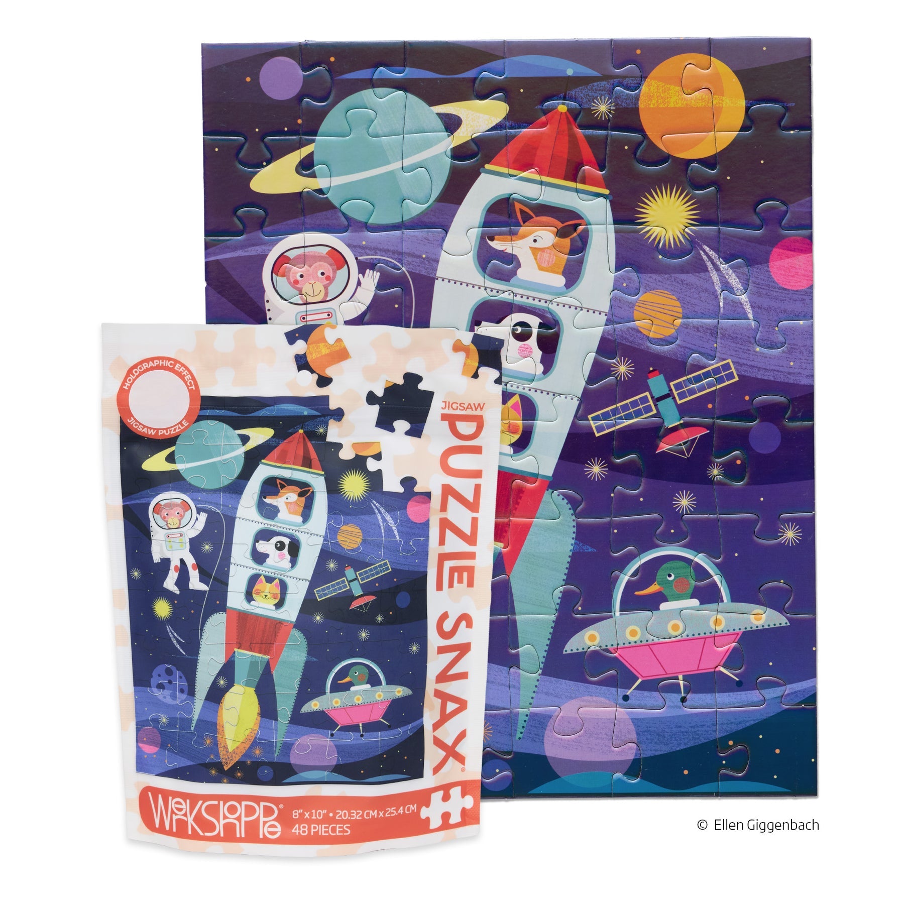 Space explorers 48 Piece Puzzle Snax by WerkShoppe featuring a vibrant graphic design of playful snack illustrations