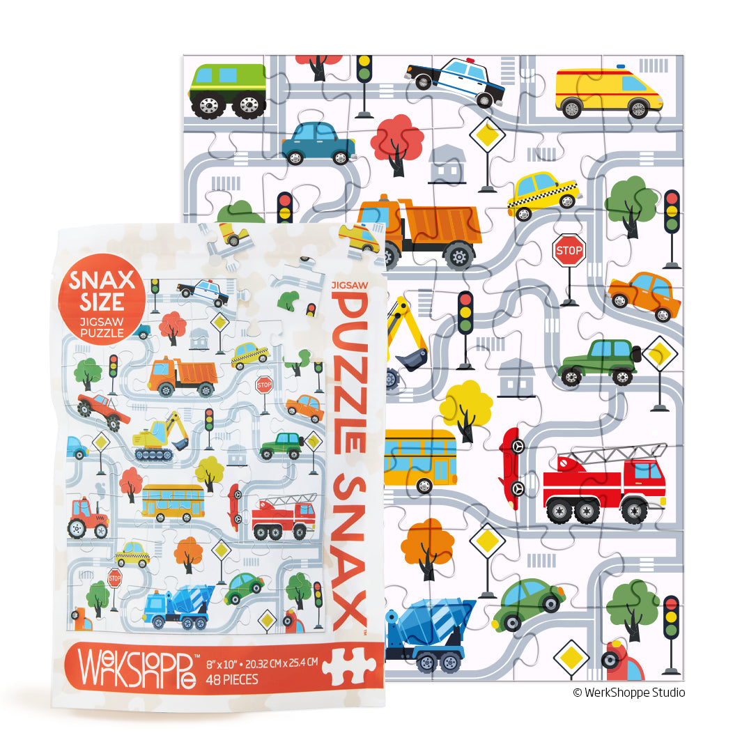 Trucks and Transportation 48 Piece Puzzle Snax by WerkShoppe featuring a vibrant graphic design of playful snack illustrations. Available at Be Charmed