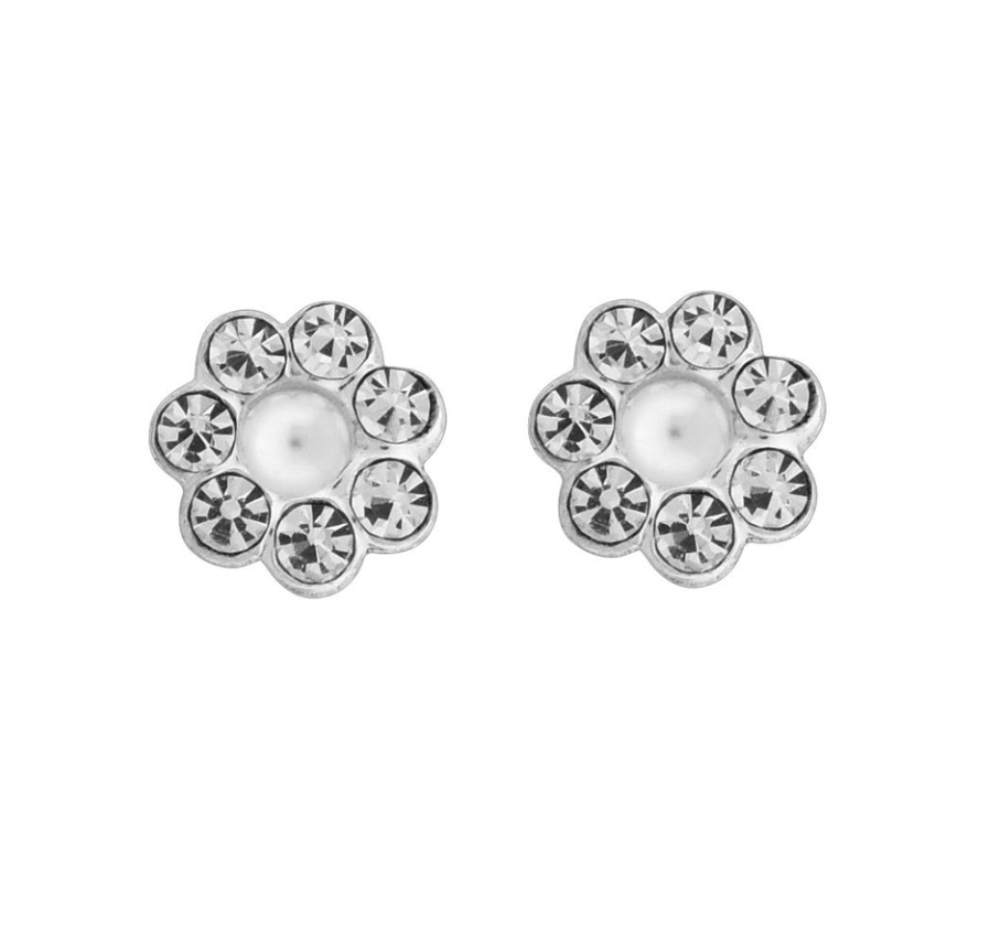 A pair of Wheeler sterling silver earrings featuring a crystal circle design surrounding a pearl. Available at Be Charmed