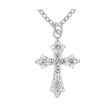 A Wheeler silver cross pendant necklace adorned with clear rhinestones, suspended from a matching silver chain against a plain white background. Available at Be Charmed