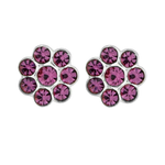 A pair of Wheeler sterling silver earrings with multiple round cuts adorned with purple crystals. Available at Be Charmed
