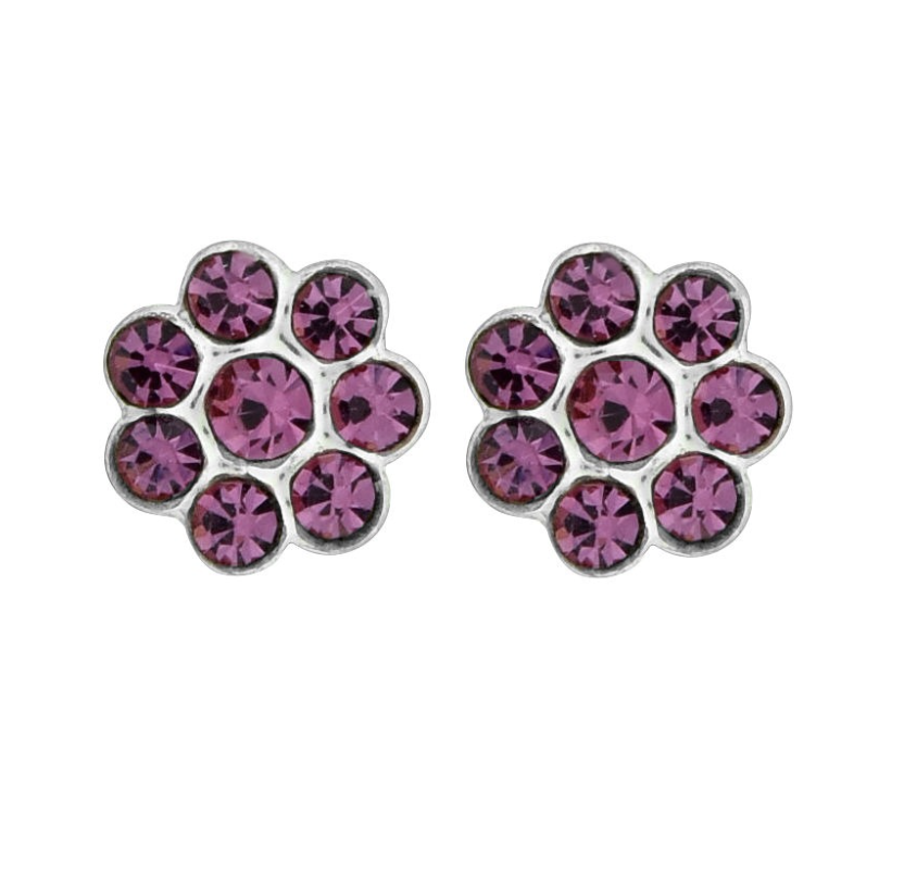 A pair of Wheeler sterling silver earrings with multiple round cuts adorned with purple crystals. Available at Be Charmed