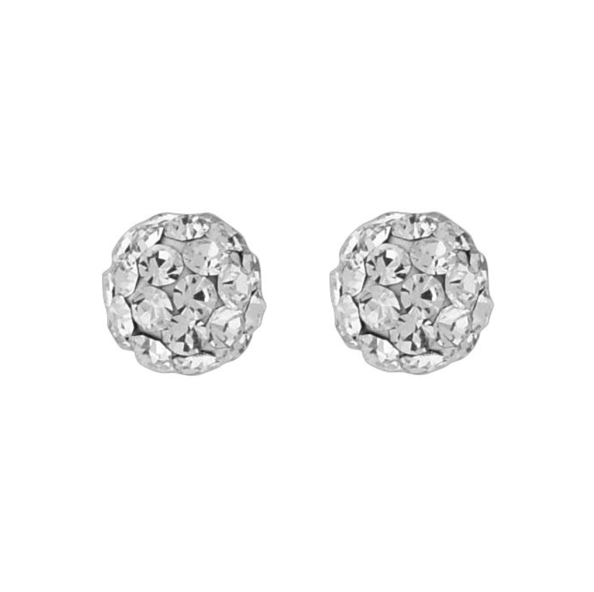 A pair of round Wheeler sterling silver earrings with an inset of crystal stones. Available at Be Charmed