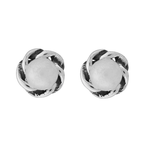 A pair of Wheeler sterling silver earrings featuring round pearl designs with a twisted silver band. Available at Be Charmed