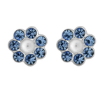 A pair of Wheeler sterling silver earrings featuring a central sapphire circle surrounded by smaller sapphire crystals, set in a clear, geometric pattern. Available at Be Charmed
