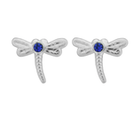 A pair of Wheeler sterling silver earrings designed as dragonflies with blue sapphire accents. Available at Be Charmed
