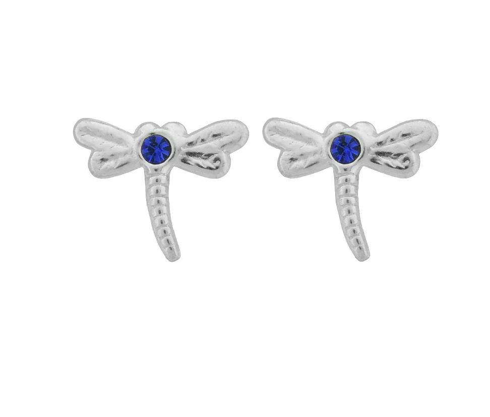 A pair of Wheeler sterling silver earrings designed as dragonflies with blue sapphire accents. Available at Be Charmed
