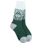 Green and white patterned World's Softest  Holiday crew sock on a white background. Available at Be Charmed