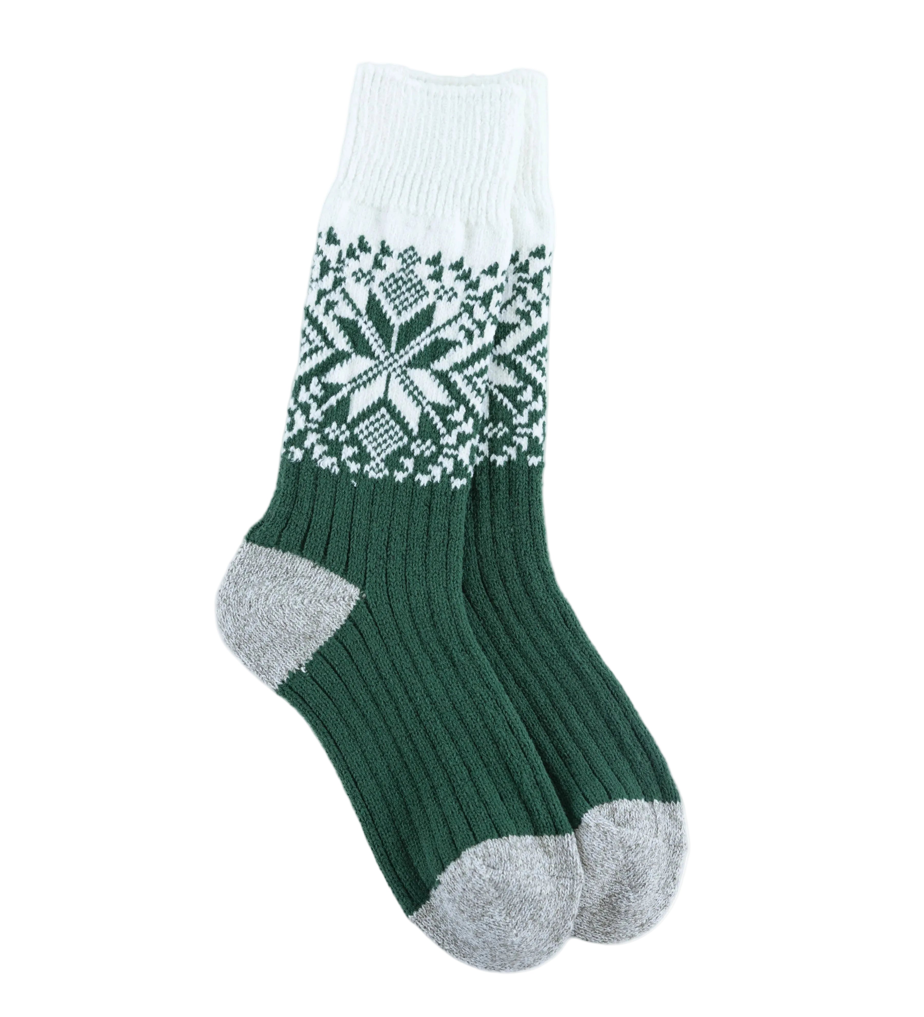 Green and white patterned World's Softest  Holiday crew sock on a white background. Available at Be Charmed