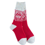 Red and white patterned World's Softest Holiday Crew sock on a white background. Available at Be Charmed