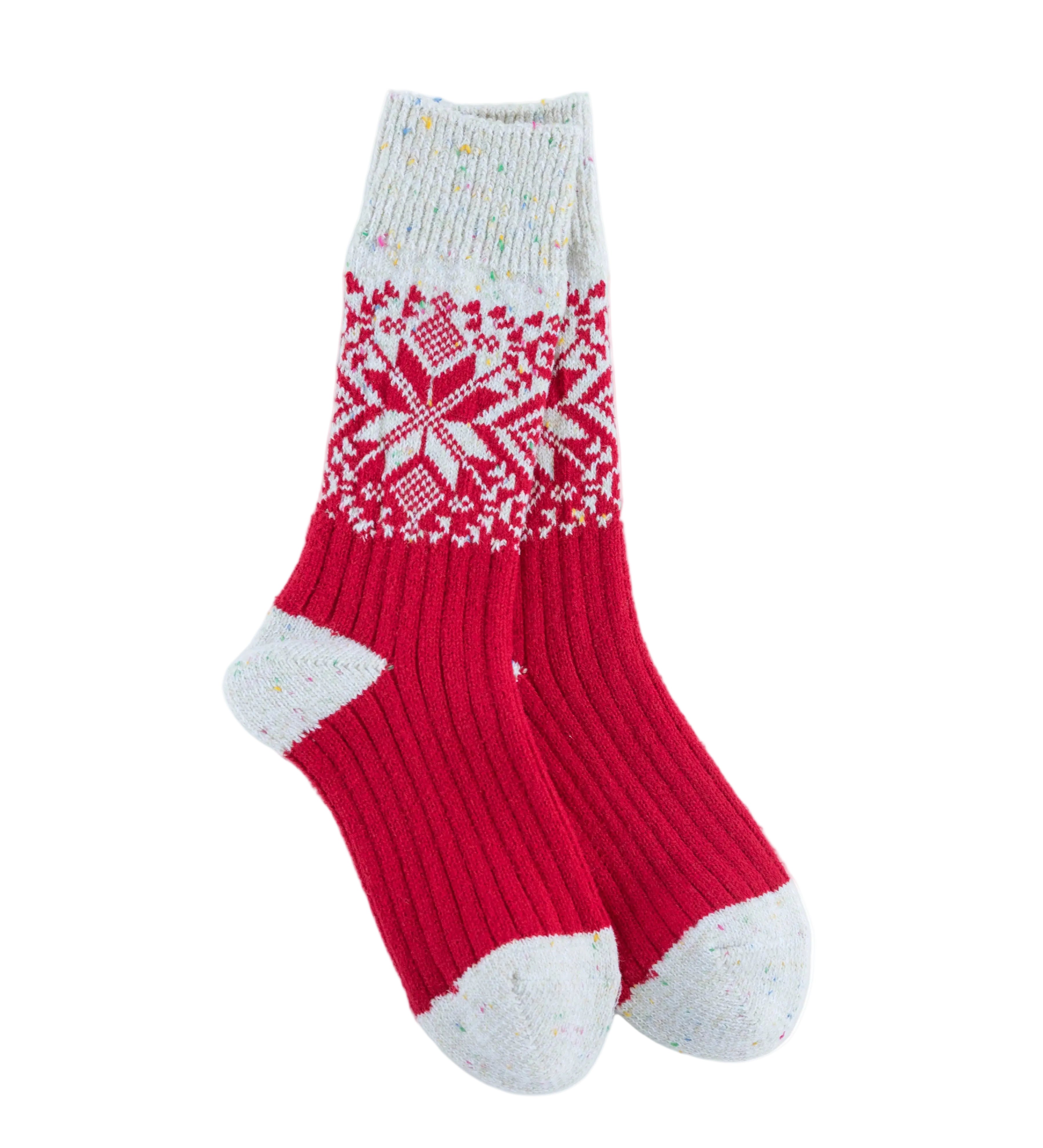 Red and white patterned World's Softest Holiday Crew sock on a white background. Available at Be Charmed