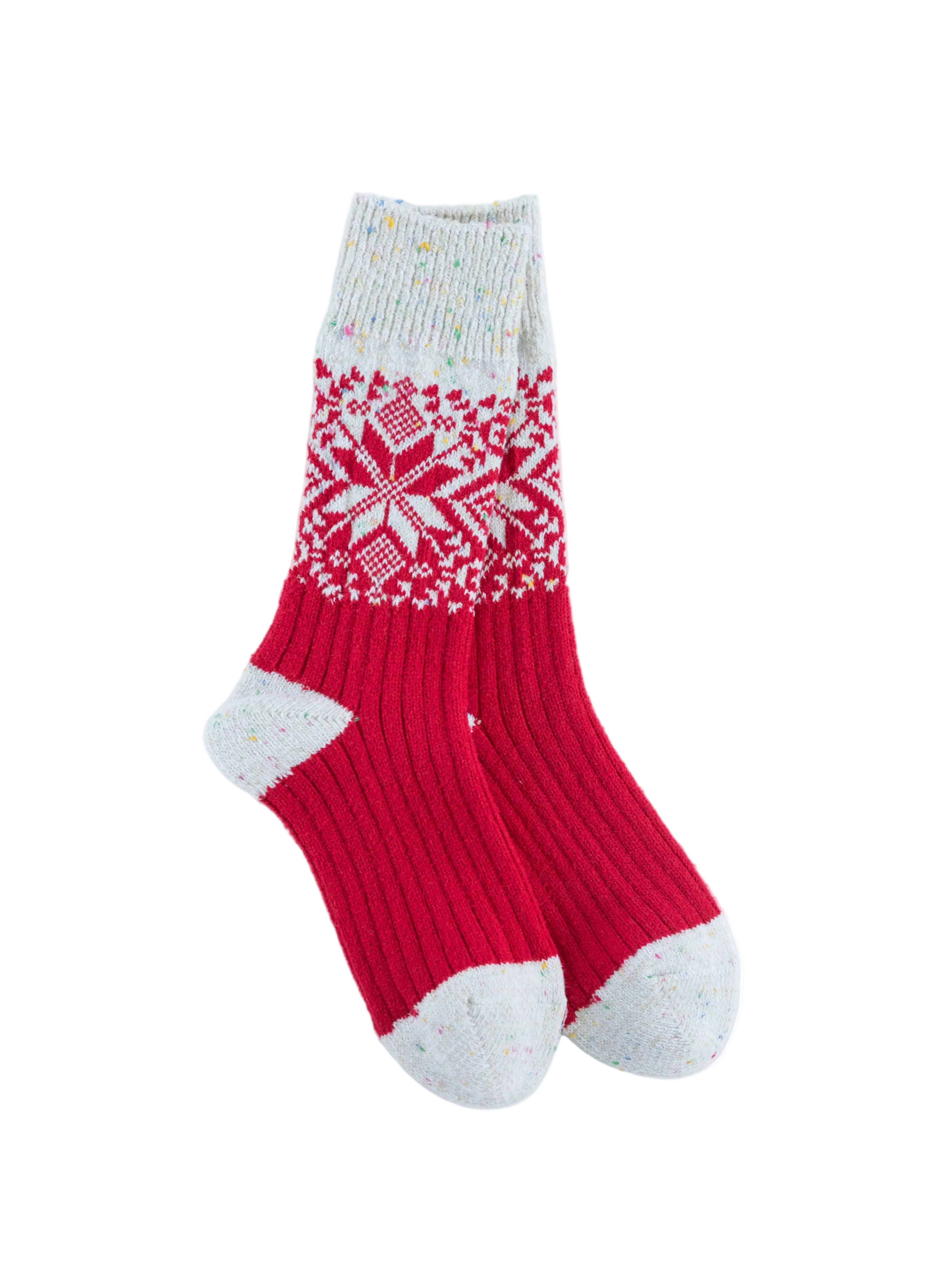 Red and white patterned World's Softest Holiday Crew sock on a white background. Available at Be Charmed