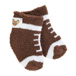 World's Softest baby Brown fuzzy socks with white accents on a white background. Available at Be Charmed