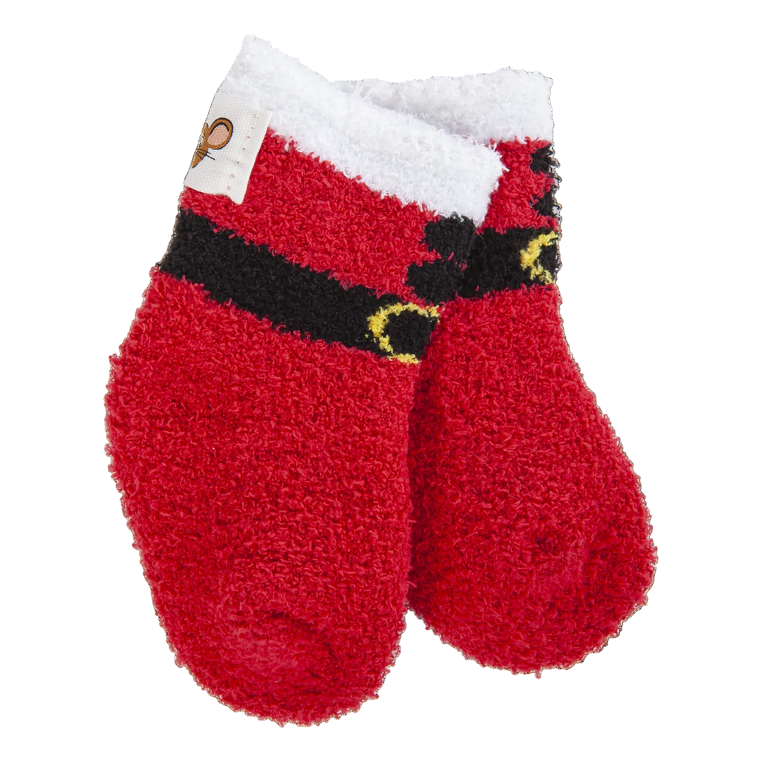 A pair of WOrld's Softest Socks red plush fleece socks with a white fuzzy cuff, a black horizontal stripe, and small yellow accents, shown on a plain white background. Available at Be Charmed