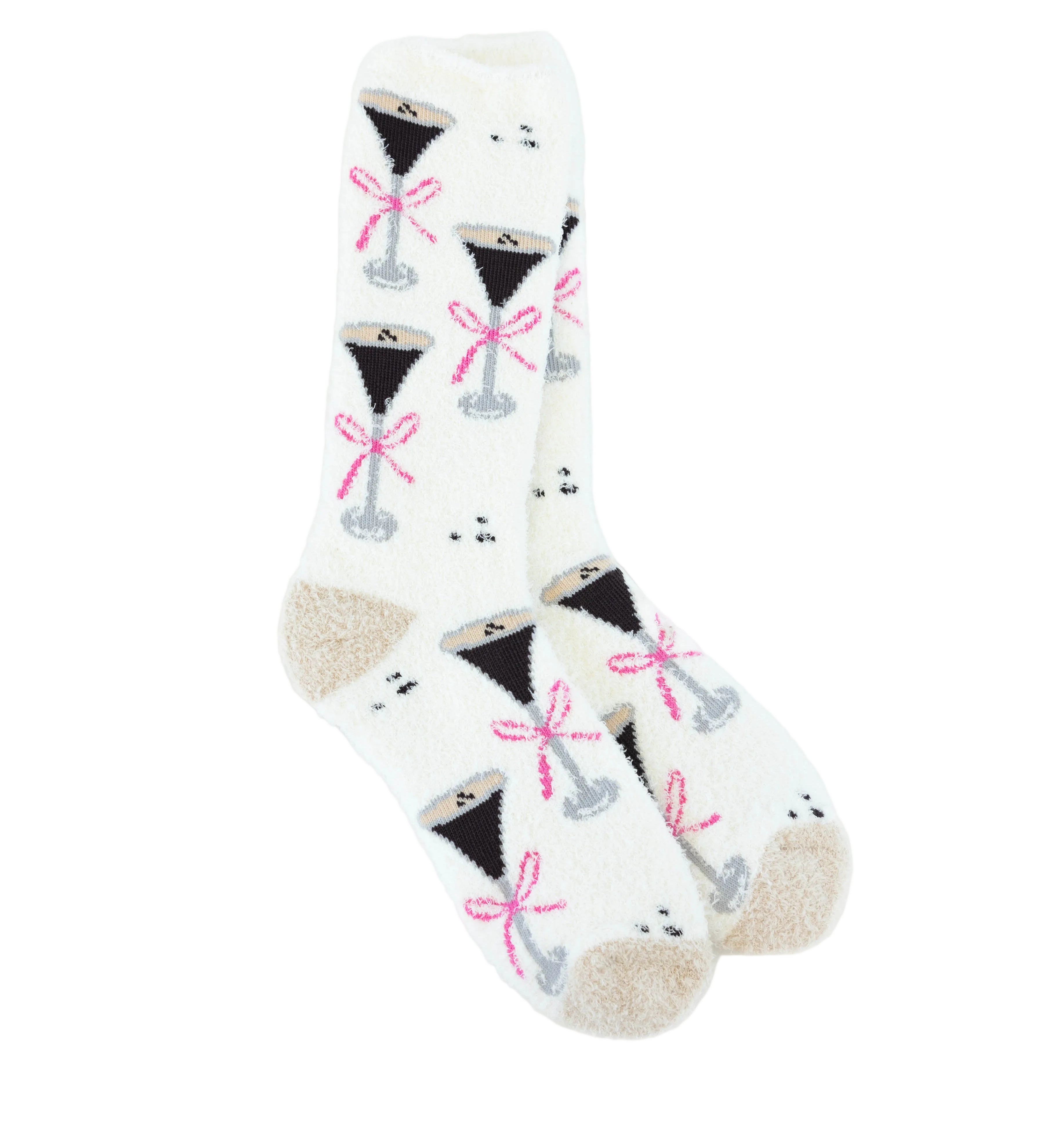 A pair of World's Softest white crew socks with a repeating pattern of black cocktail glasses tied with pink bows, featuring beige heels and toes, displayed on a clean white background. Available at Be Charmed