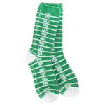 A pair of World's Softest green and white striped fuzzy socks designed to look like a football field, with white toes and heels. Available at Be Charmed