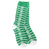 A pair of World's Softest green and white striped fuzzy socks designed to look like a football field, with white toes and heels. Available at Be Charmed