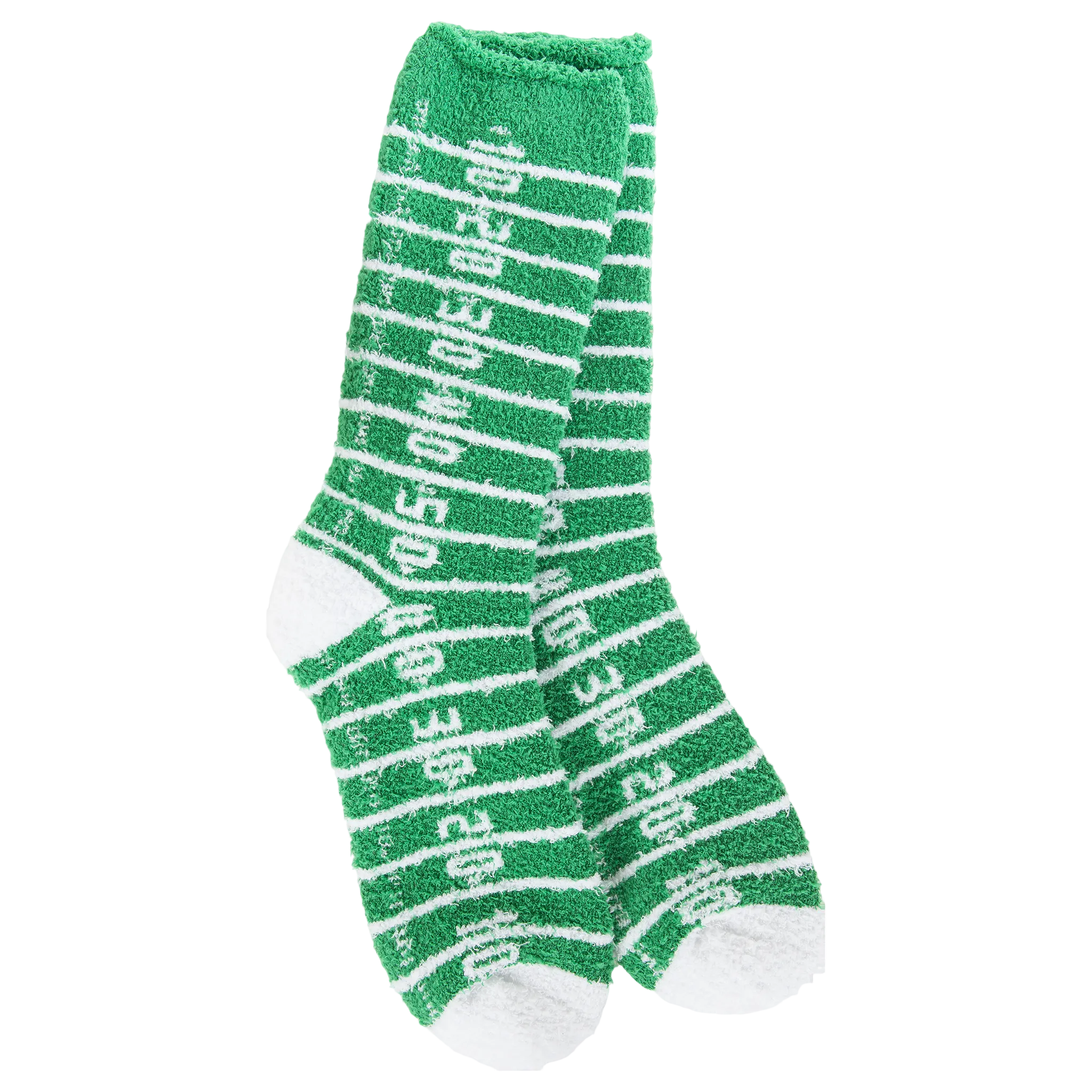A pair of World's Softest green and white striped fuzzy socks designed to look like a football field, with white toes and heels. Available at Be Charmed