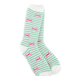 World's Softest green and white striped socks with pink bows on a white background. Available at Be Charmed