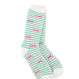 World's Softest green and white striped socks with pink bows on a white background. Available at Be Charmed