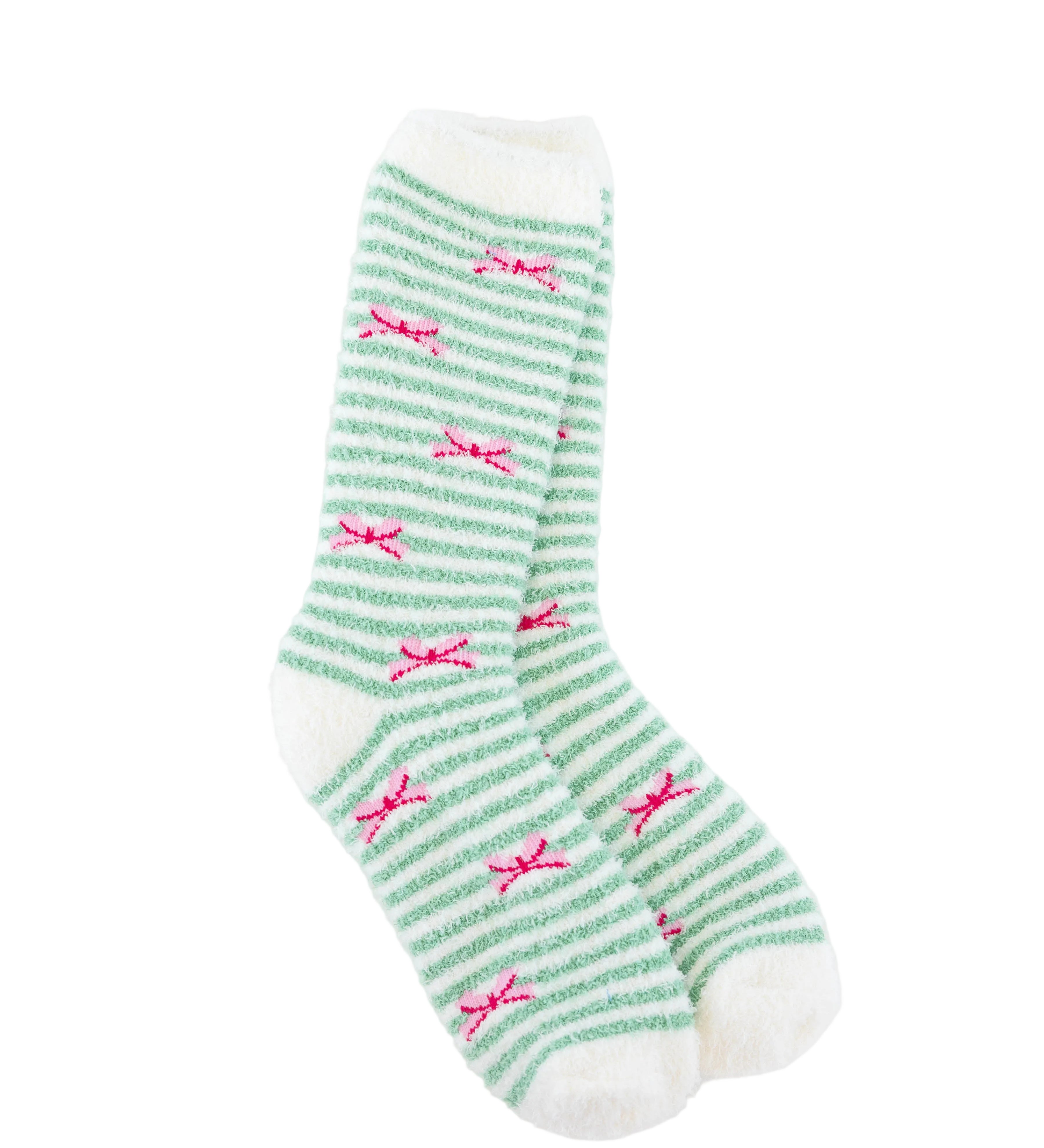 World's Softest green and white striped socks with pink bows on a white background. Available at Be Charmed