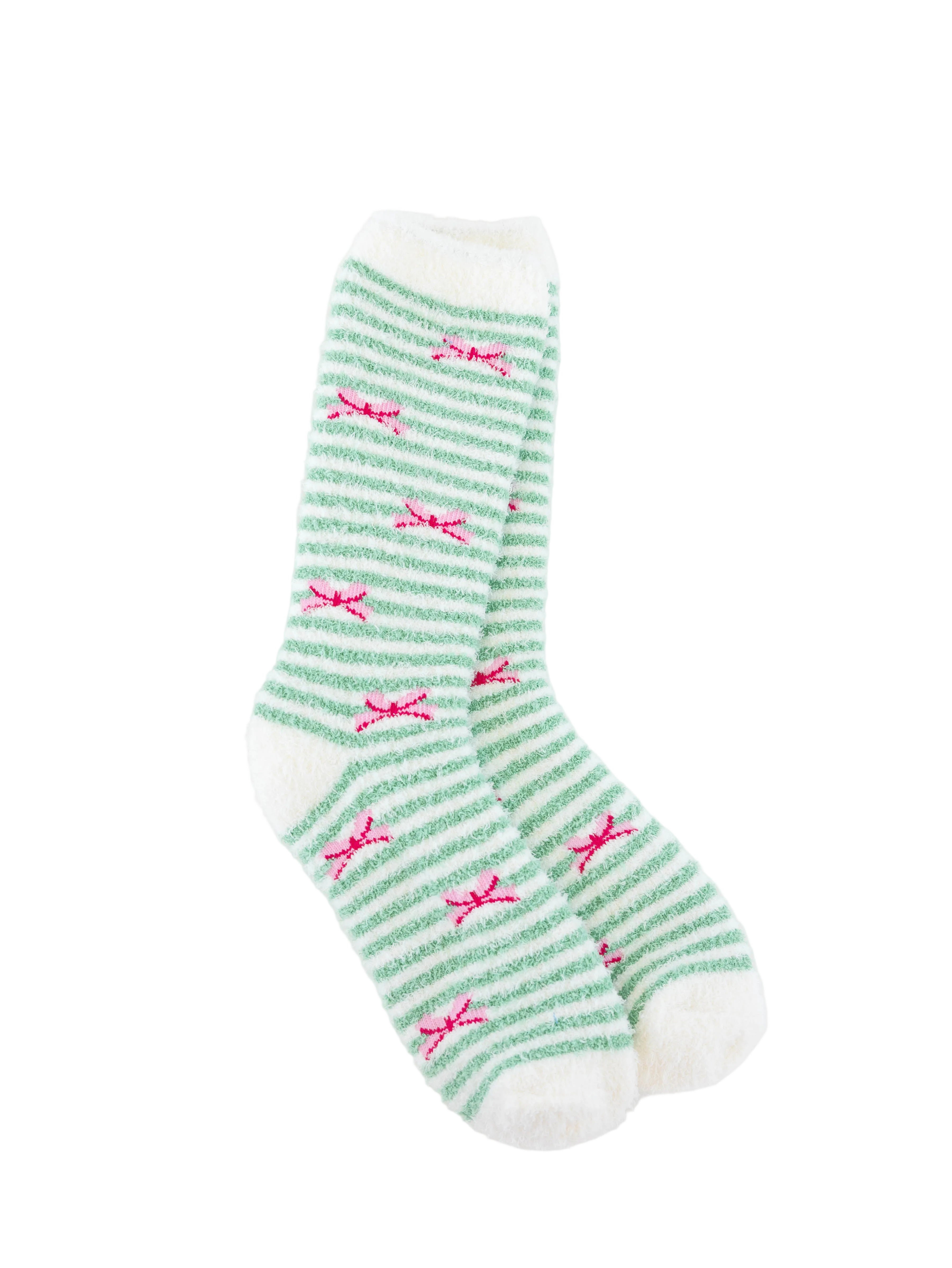World's Softest green and white striped socks with pink bows on a white background. Available at Be Charmed