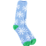 World's Softest blue socks with white snowflake patterns and green toes on awhite  background. Available at Be Charmed