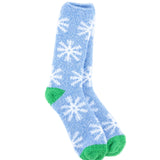 World's Softest blue socks with white snowflake patterns and green toes on awhite  background. Available at Be Charmed