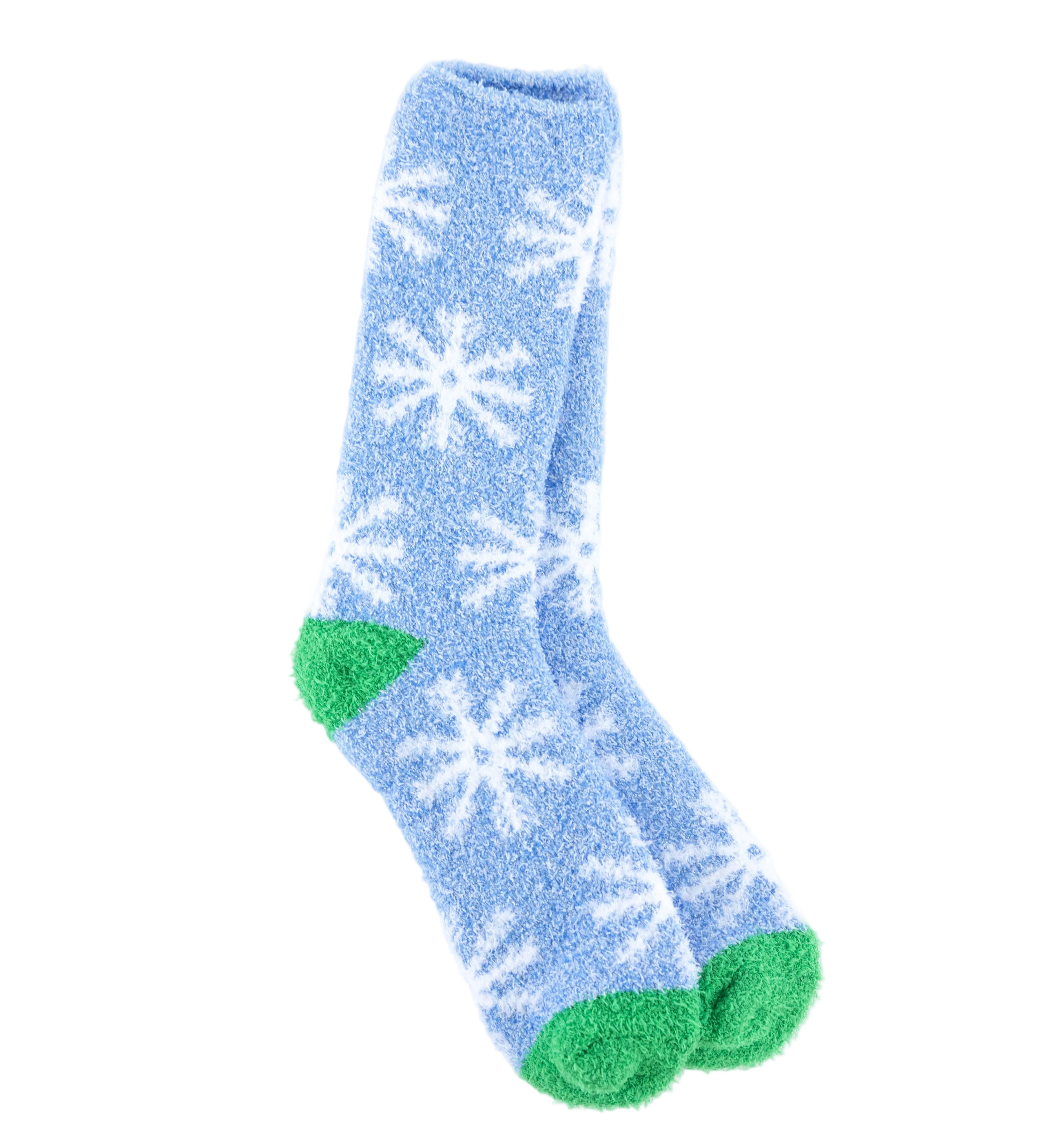 World's Softest blue socks with white snowflake patterns and green toes on awhite  background. Available at Be Charmed