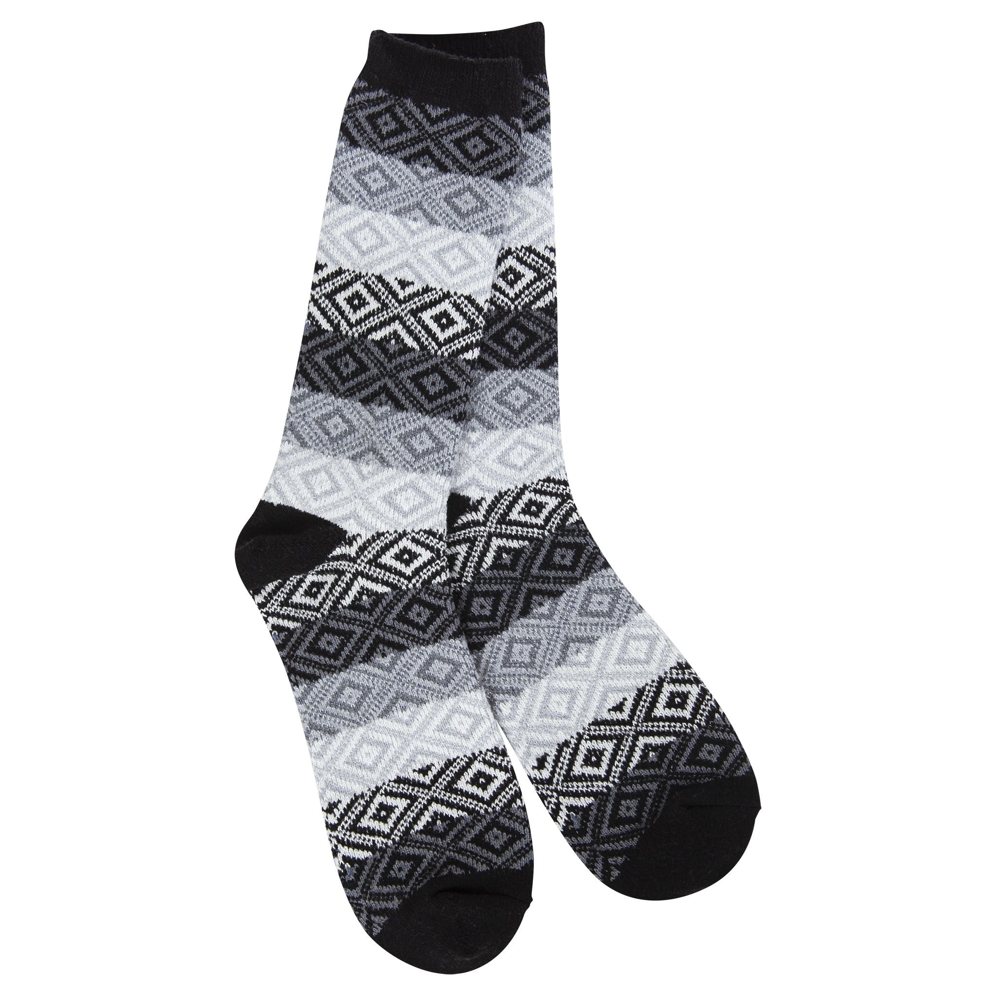 A pair of World's Softest Gem Crew socks with a geometric diamond pattern in black, gray, and white, featuring solid black heels, toes, and cuffs, displayed against a plain white background. Available at Be Charmed