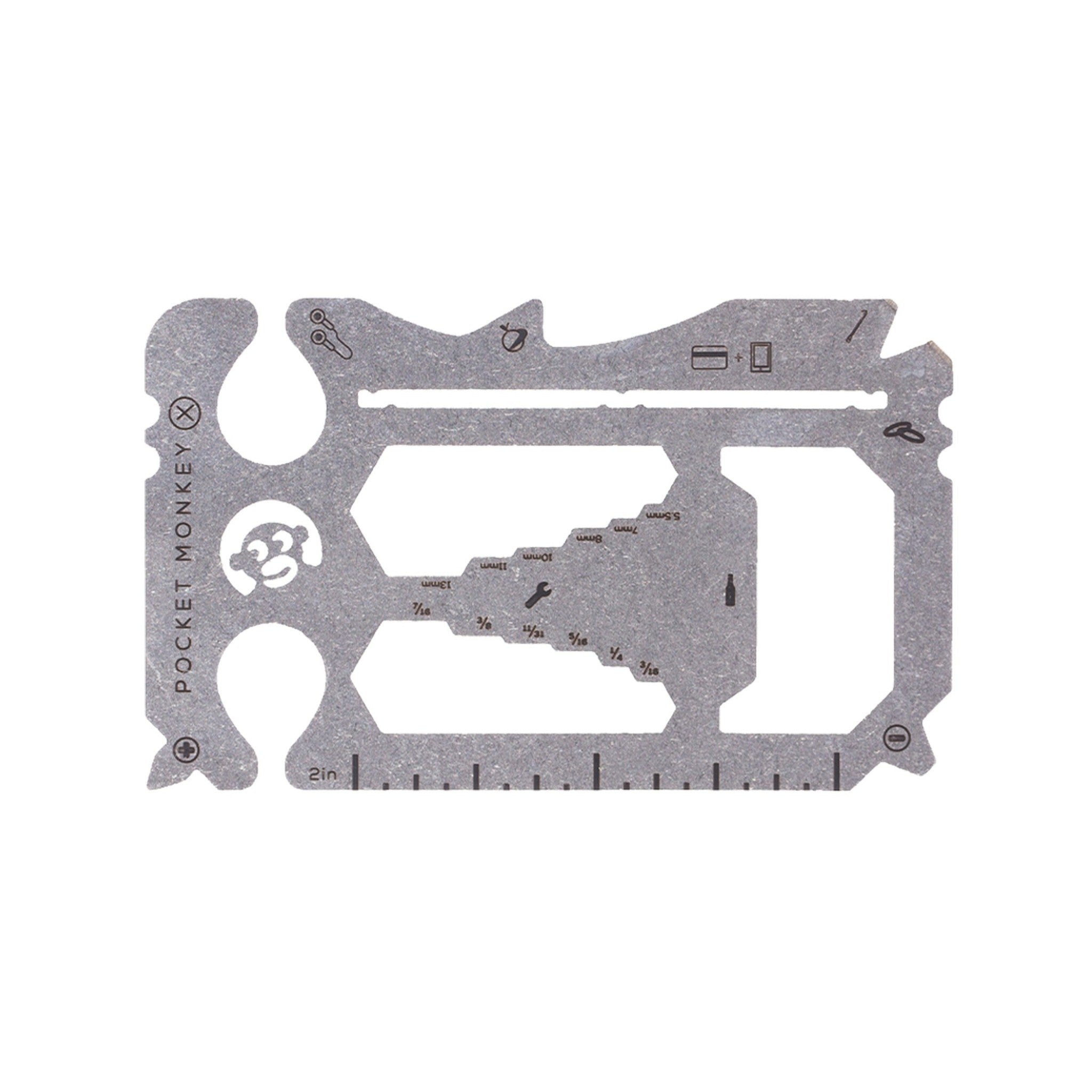 A stainless steel multi-tool with various wrench sizes and a pry bar, labeled with the Zootility brand and 'PocketMonkey X' designation. Available at Be Charmed
