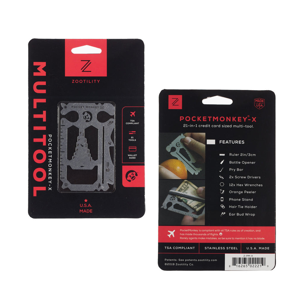 Zootility PocketMonkey X multi-tool featuring a flat stainless steel utility design available at Be Charmed