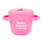A bright pink siliconeBella Tunno  snack cup with a lid and side handles, featuring the white text 'Hello Snacks I Love You' and 'BELLA TUNNO' on the front, set against a plain white background. Available at Be Charmed