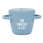 Blue Bella Tunno snack container with 'Sir Snacks a Lot' text on a white background. Available at Be Charmed