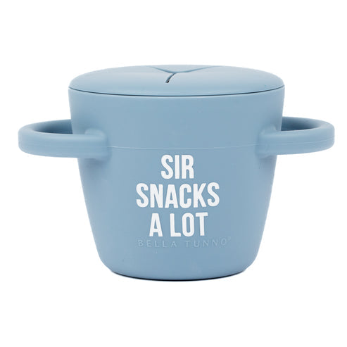 Blue Bella Tunno snack container with 'Sir Snacks a Lot' text on a white background. Available at Be Charmed