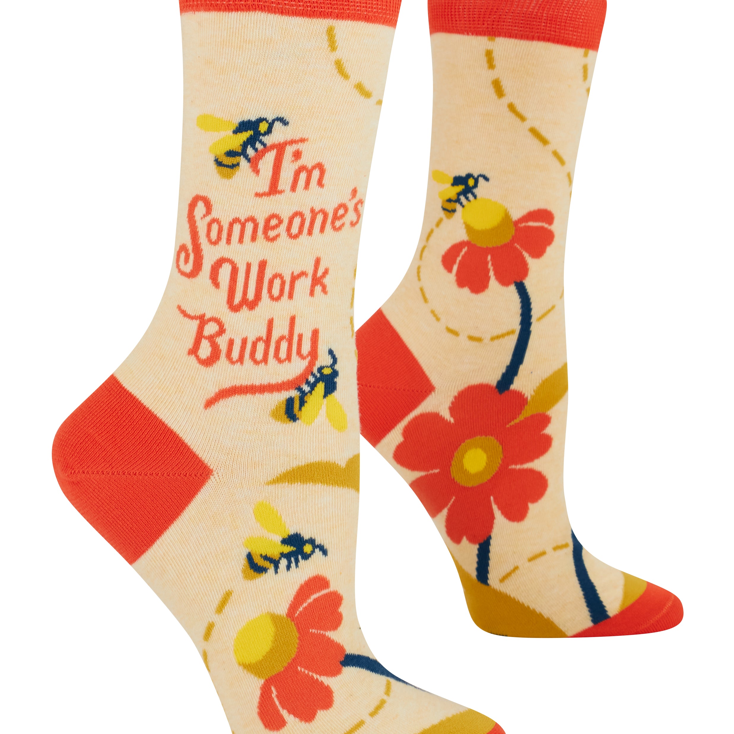 Colorful socks with floral designs and text on a white background. Available at Be Charmed