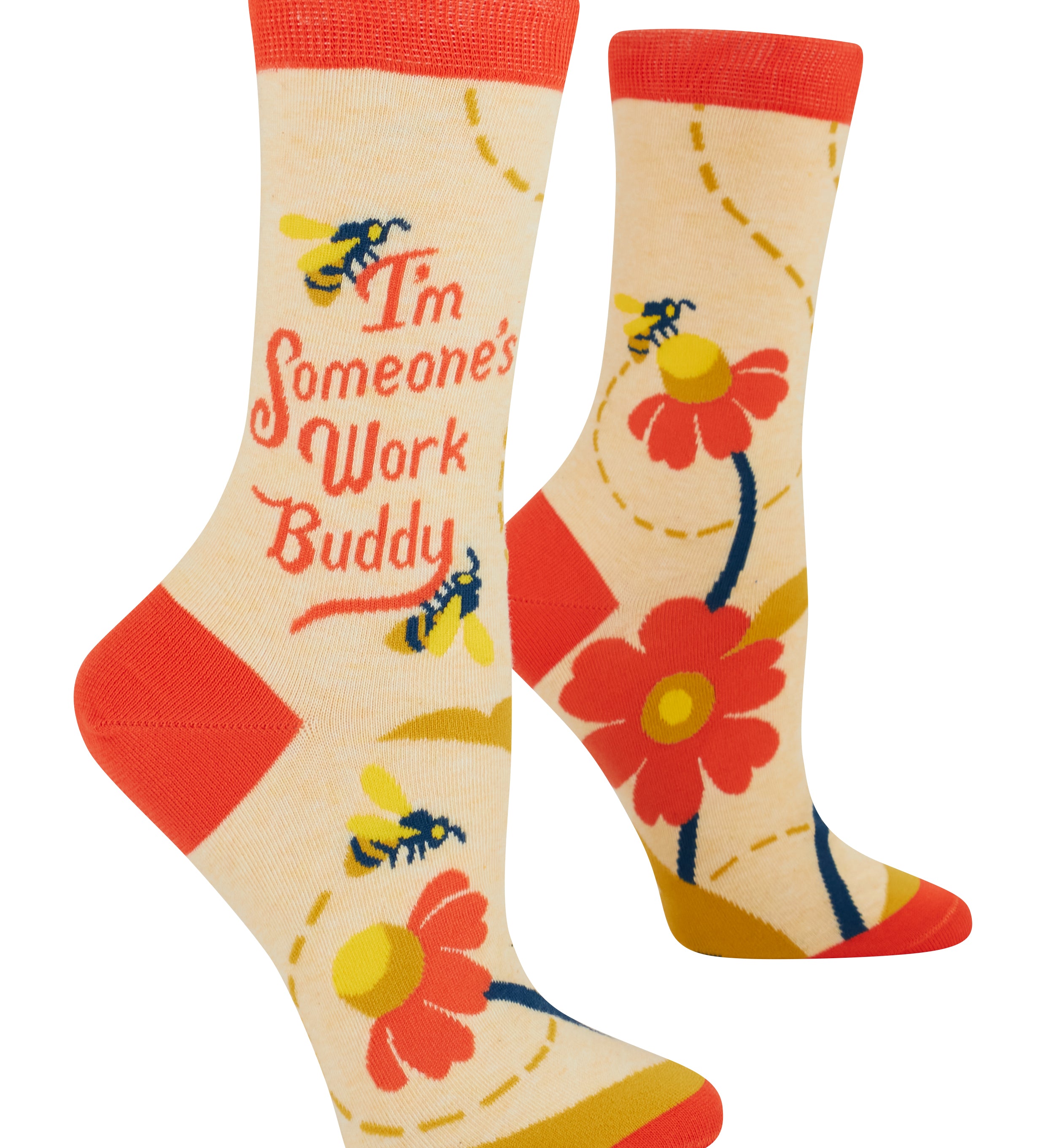 Colorful socks with floral designs and text on a white background. Available at Be Charmed