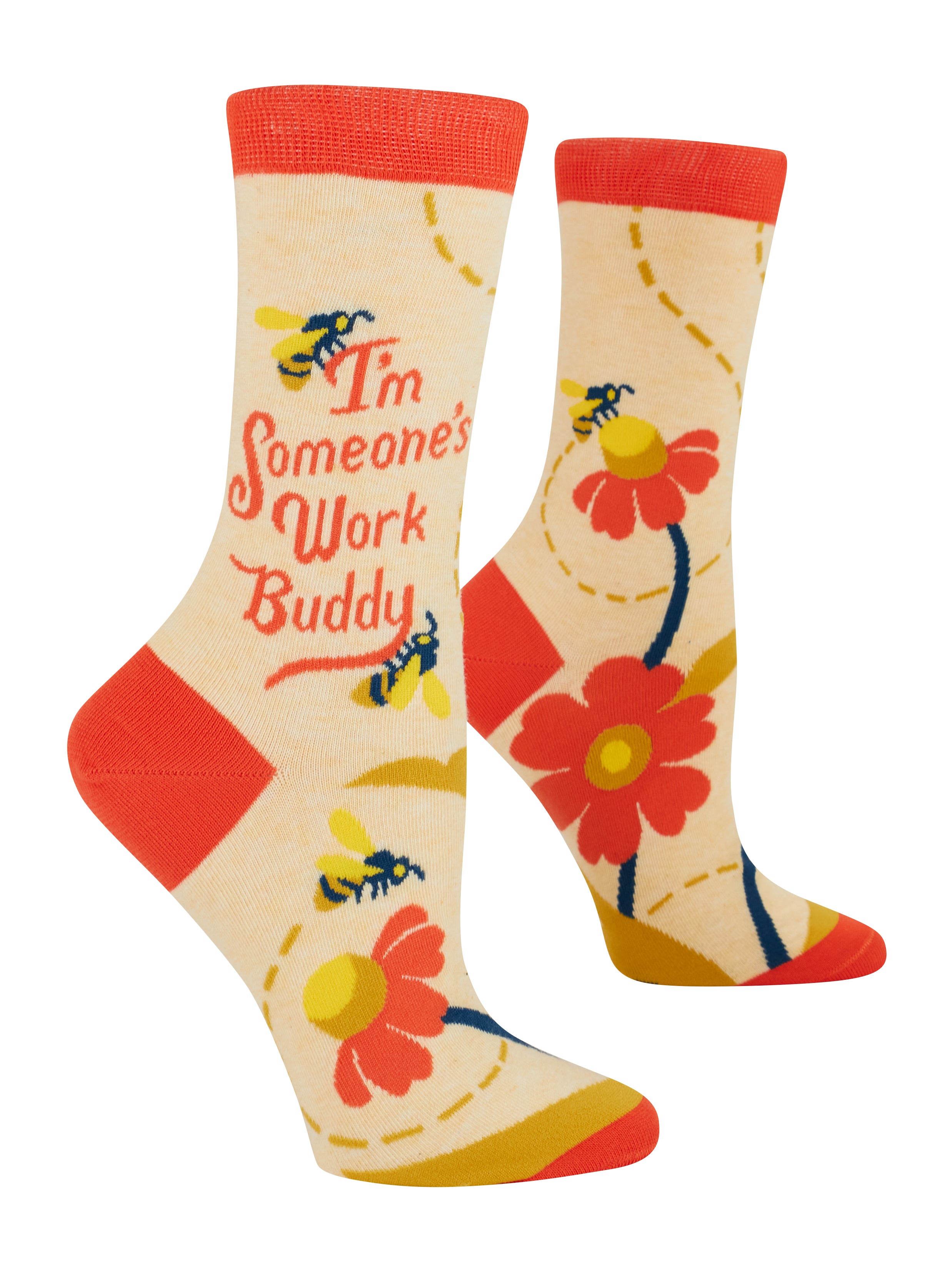 Colorful socks with floral designs and text on a white background. Available at Be Charmed