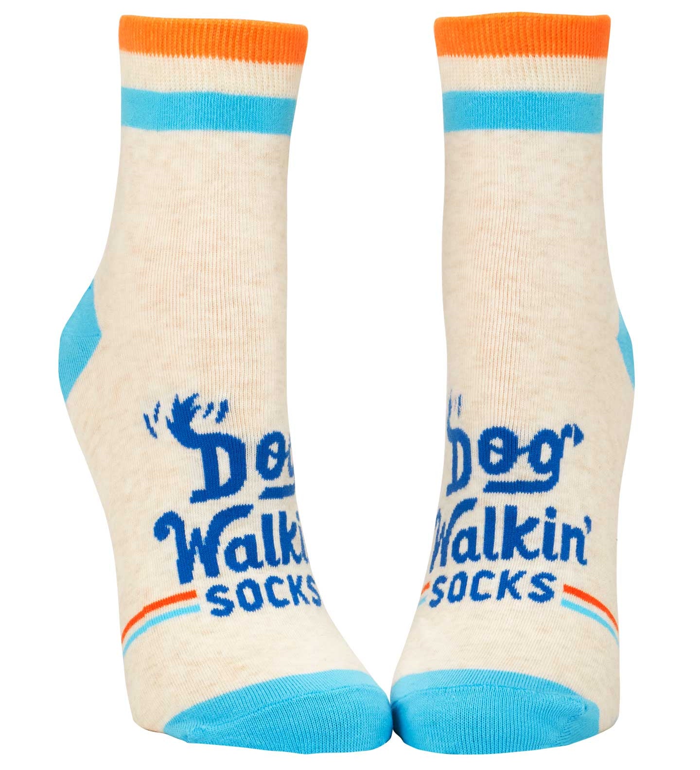 Blue Q Dog Walkin' ankle socks featuring a colorful illustrated graphic of dogs and owners, available at Be Charmed