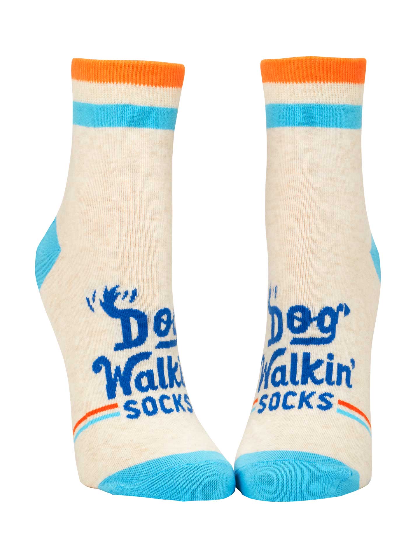 Blue Q Dog Walkin' ankle socks featuring a colorful illustrated graphic of dogs and owners, available at Be Charmed
