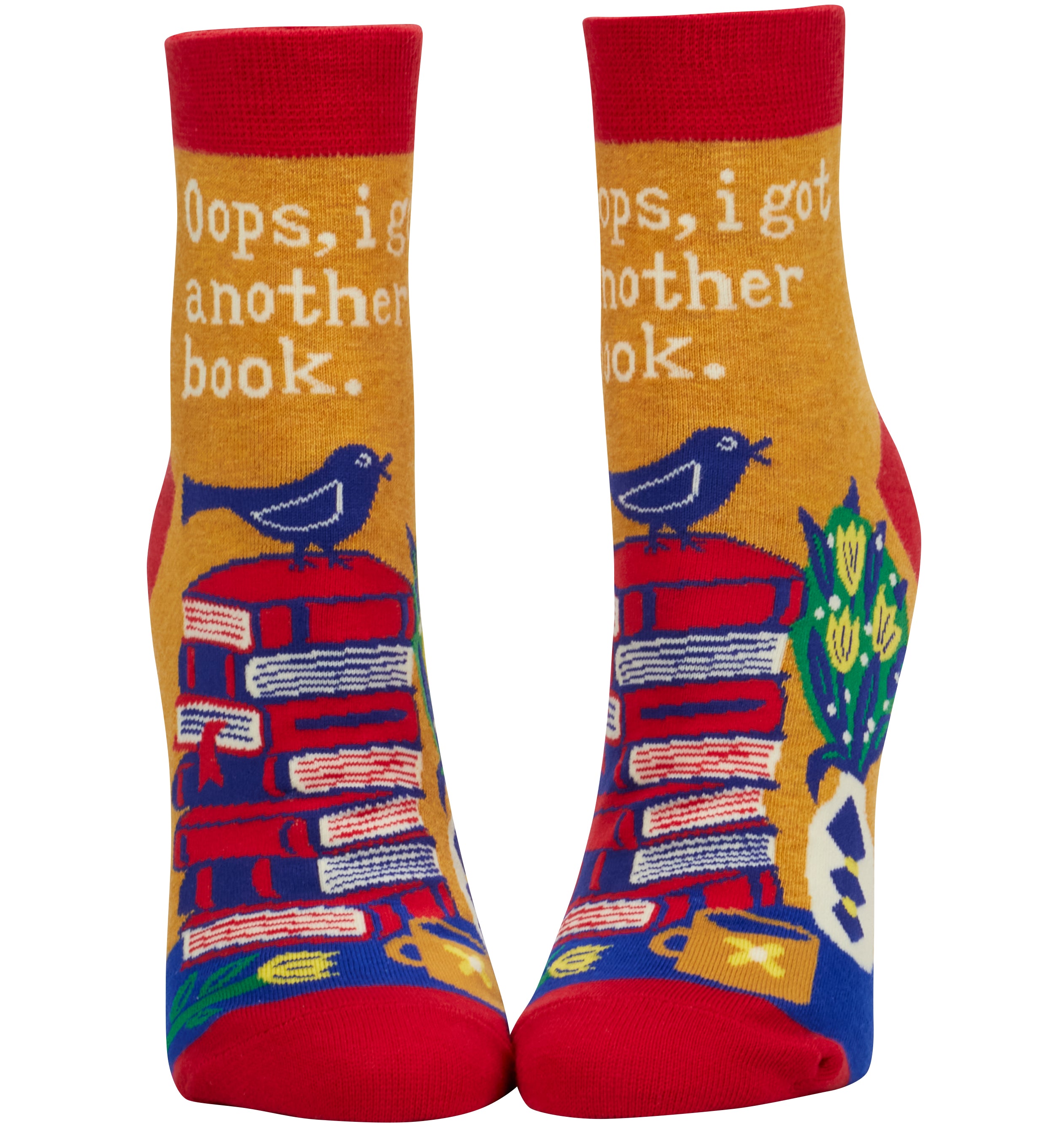 Blue Q, I Got Another Book ankle socks, featuring a humorous graphic design with books and bold typography, available at Be Charmed.