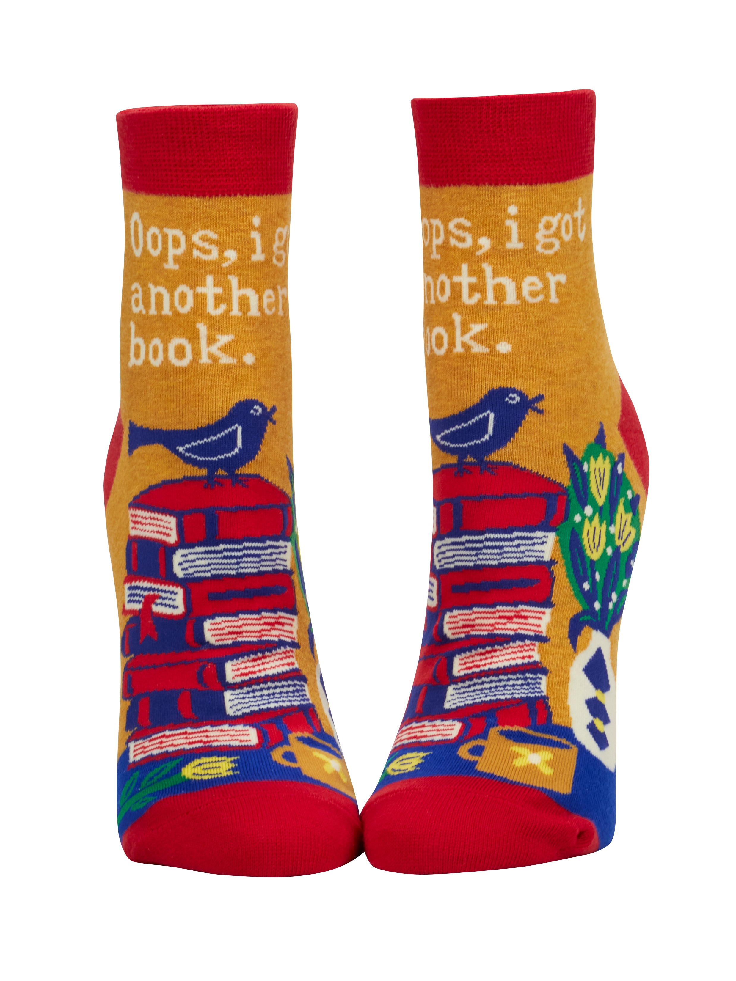 Blue Q, I Got Another Book ankle socks, featuring a humorous graphic design with books and bold typography, available at Be Charmed.