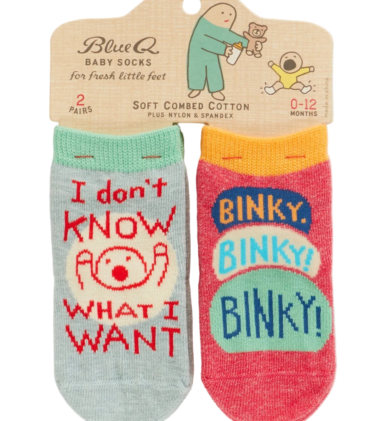 Blue Q I don't know what I want baby socks featuring a playful graphic design and colorful styling, available at Be Charmed