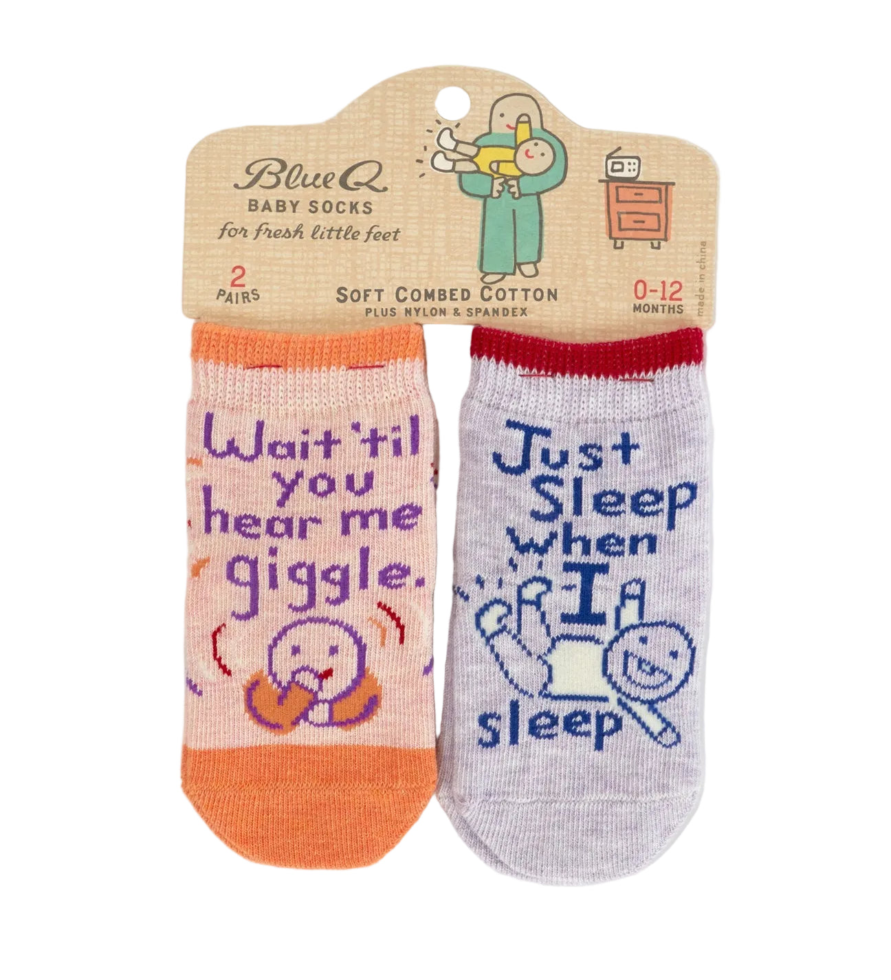 Blue Q wait 'til you hear me baby socks featuring a playful graphic design and colorful styling, available at Be Charmed