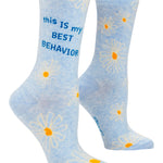 Blue Q My Best Behavior crew socks featuring a humorous graphic design, available at Be Charmed