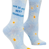 Blue Q My Best Behavior crew socks featuring a humorous graphic design, available at Be Charmed