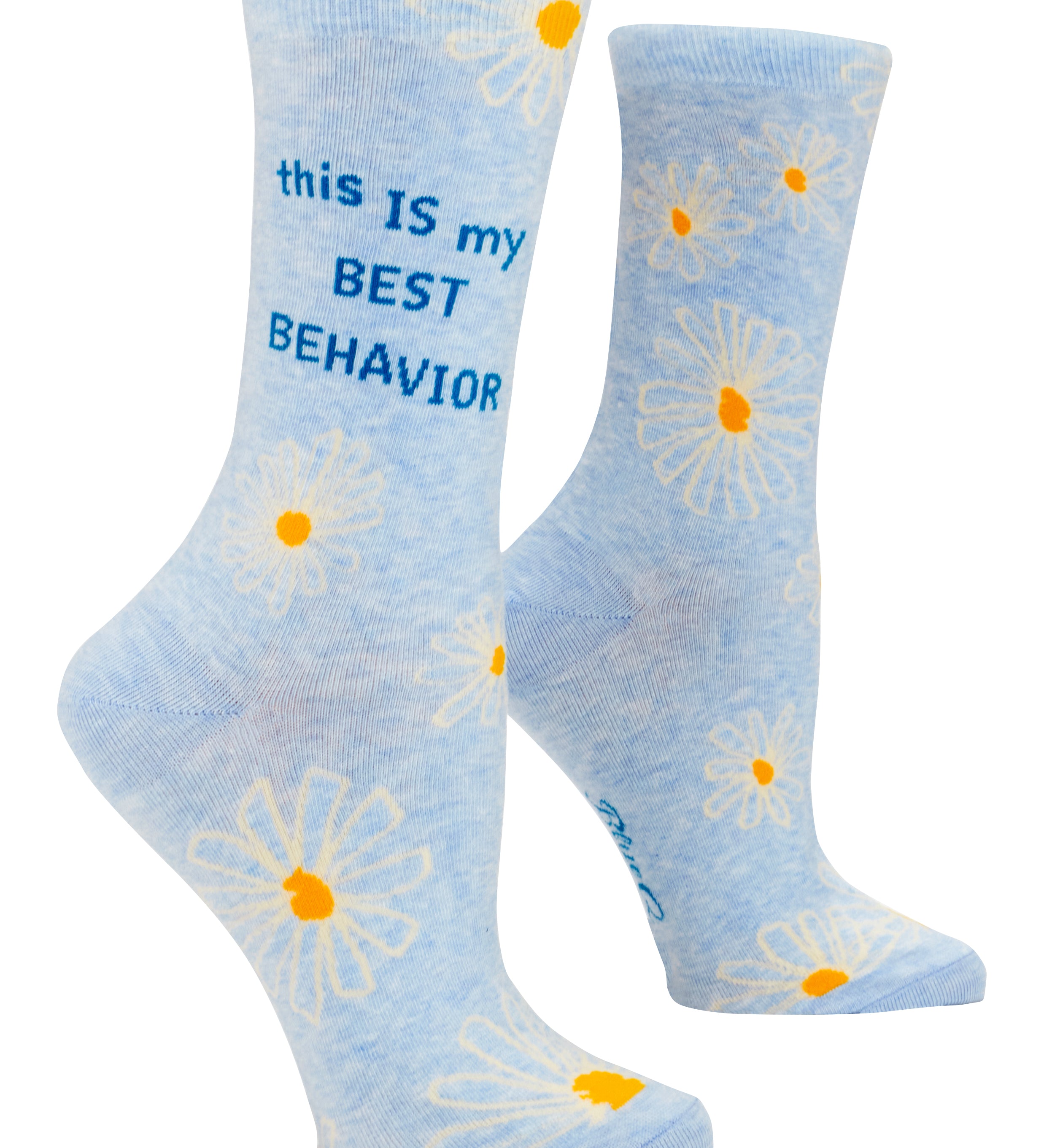 Blue Q My Best Behavior crew socks featuring a humorous graphic design, available at Be Charmed
