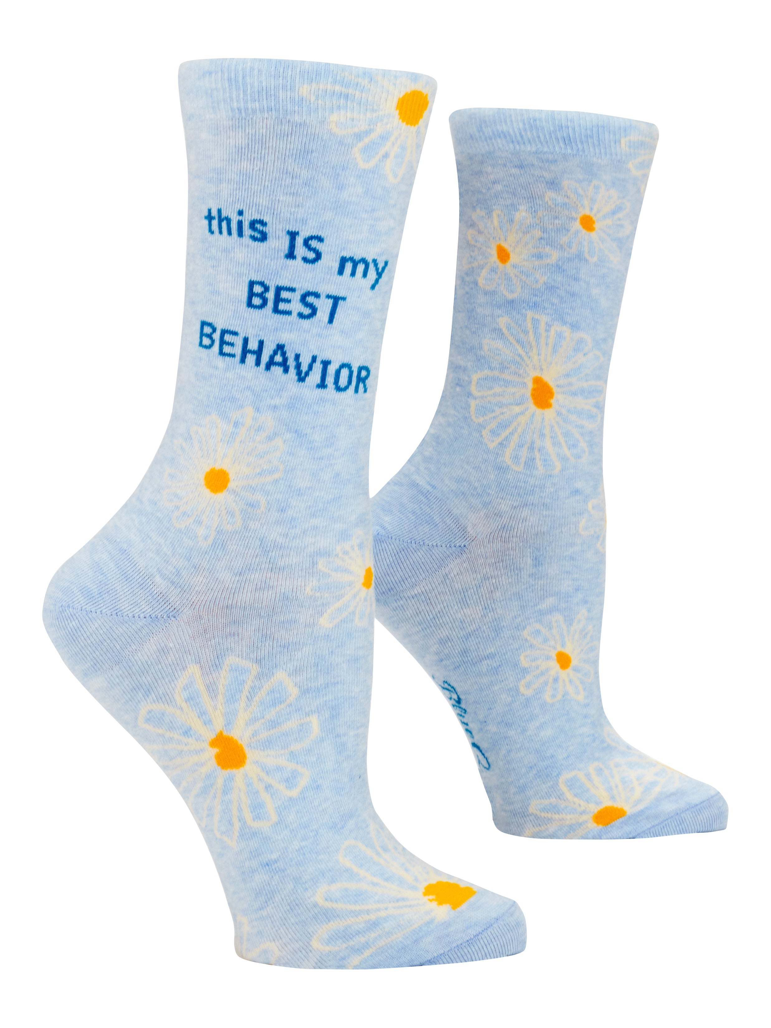 Blue Q My Best Behavior crew socks featuring a humorous graphic design, available at Be Charmed