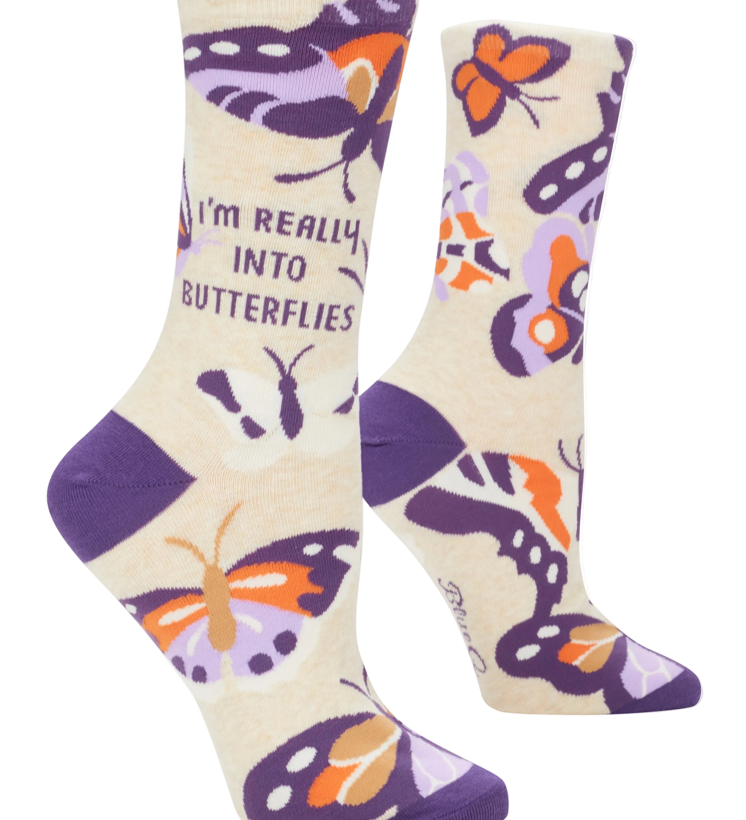 Blue Q Really Into Butterflies crew socks featuring a colorful butterfly graphic design, available at Be Charmed