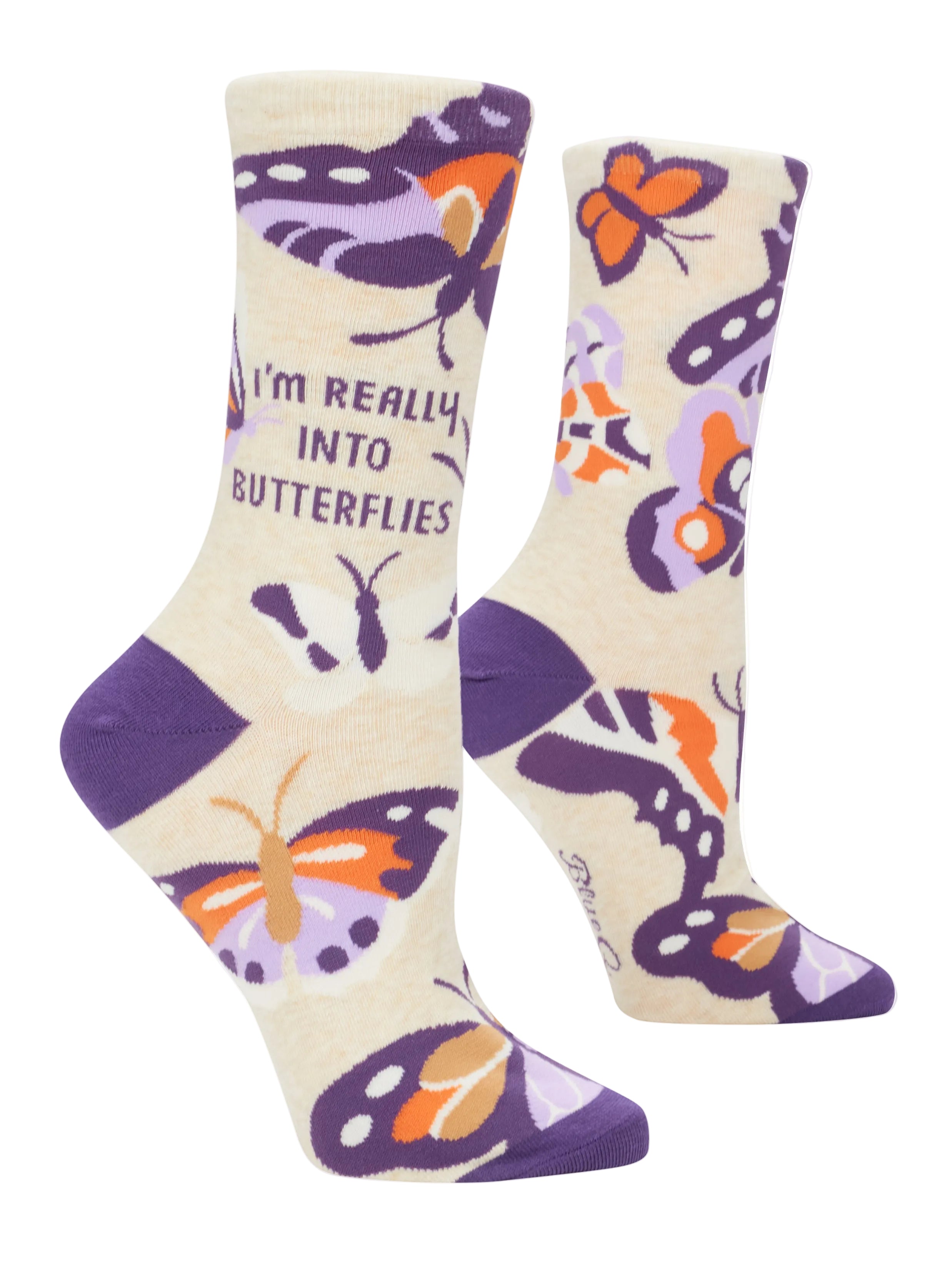Blue Q Really Into Butterflies crew socks featuring a colorful butterfly graphic design, available at Be Charmed